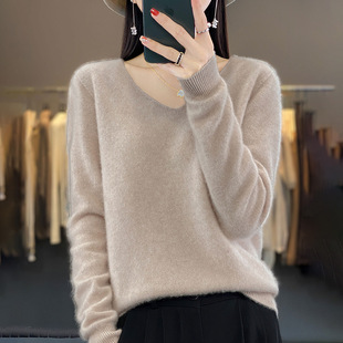 2024 First-line Garment 100 Wool Knitwear Women's V-neck Spring and Autumn New Cashmere Sweater Solid Color Korean Style All-match Knitwear