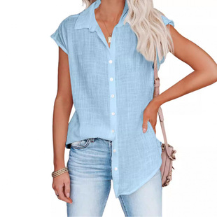 Wish Amazon European and American summer new solid color single-breasted lapel shirt sleeveless loose top