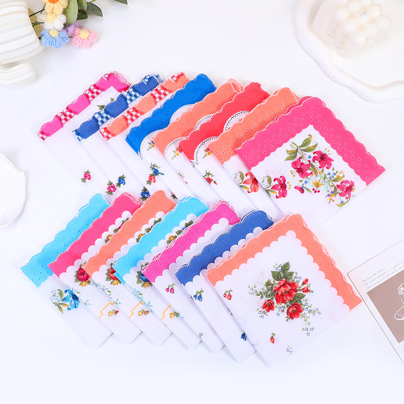 Amazon Cross-Border 30cm Women's Handkerchief with Crescent Edge, Pure Cotton Small Floral Vintage Style Sweat-Wiping Women's Handkerchief, Small Square Towel
