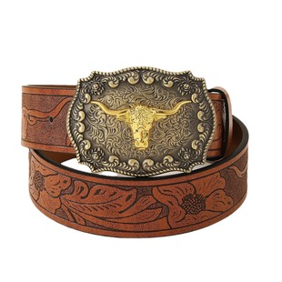 Camel embossed men's Western Denim cow head trendy retro punk PU leather belt belt