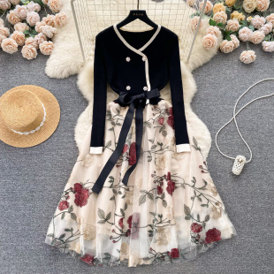729-2 solid color large flower mesh dress