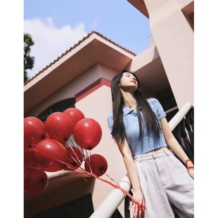 Zhao Xiaotang's White and Blue Collar Knitted Short-sleeved Shirt Women's Slim-fit Slimming Short Hot Girl Top for Summer