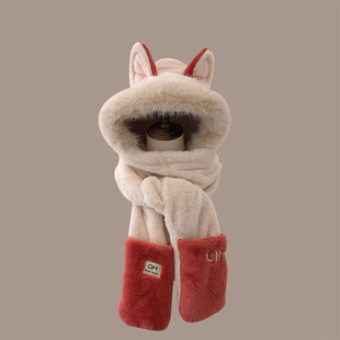 Winter Women's Warm Ear Protecting Fluffy Hat New fleece-lined Thickened Neck Protecting Cute Knitted Woolen Hat and Scarf