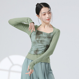 Modern dance adult long-sleeved top dance clothes stitching ink water yarn Chinese classical dance practice body clothes for women