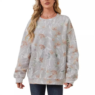 New Women's Camouflage Sweatshirt Maple Leaf Print Oversized Camouflage Crewneck Sweatshirt Wool Pullover Hoodie Long Sleeve
