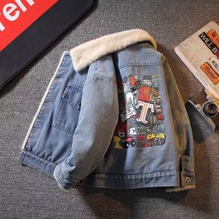 Children's Clothing for Boys and Girls, Velvet Thickeneded Denim Jacket, 2024 New Autumn and Winter Style, Medium and Large Kidsren's Autumn and Winter Clothing, Trendy Men