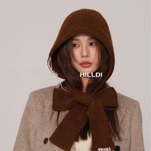 South Korea Ins Atmosphere Sense Handmade Stitching Neck Integrated Balaclava Hat Ear Protectors Women's Lei Feng Hat Warm Protection