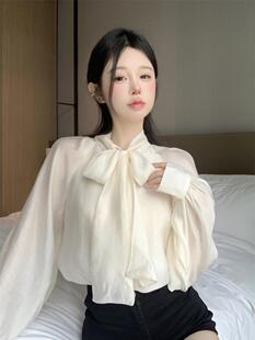 French Style Gentle Lace-up Long-sleeved Shirt Early Autumn Top Women's New Niche Design Sense Court Style Short Shirt