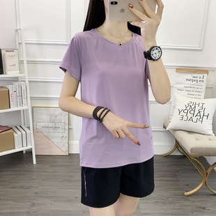 Summer ice silk suit women's sports quick-drying breathable round neck short set running mountaineering sweat-wicking short sleeve shorts can be two open