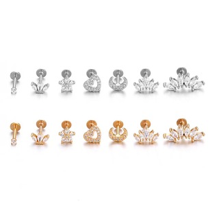Medical stainless steel rod inner tooth lip nail ear bone nail inlaid zircon fashion love flower cartilage puncture flat head ear nail