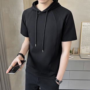 Shopkeeper Style Solid Color Hooded Short-sleeved T-shirt Men's 2025 Summer Men's Trendy Brand Casual All-match Half-sleeved T-shirt T