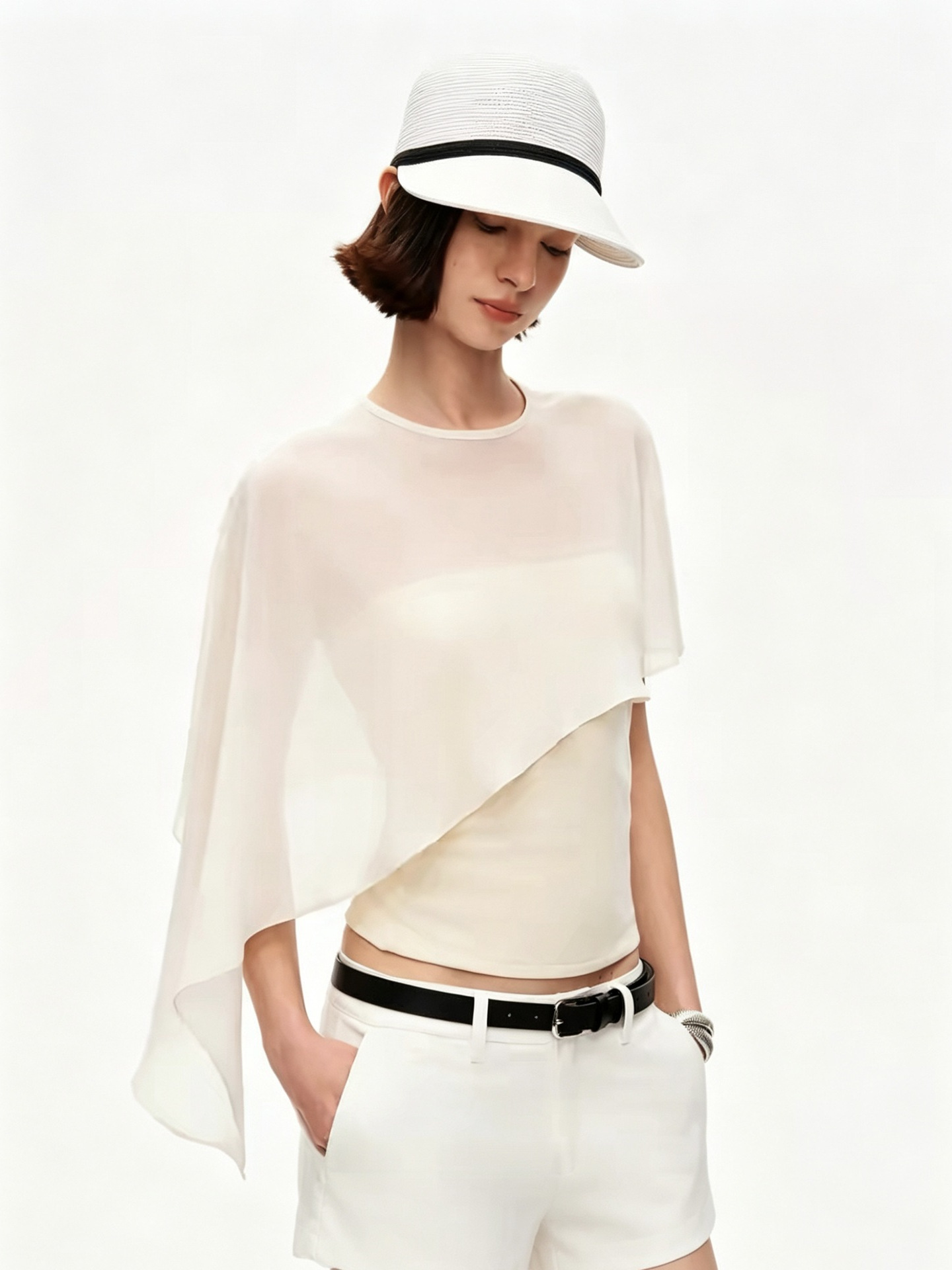 STRIKE A POSE Lyocell Slim Fit Sheep Wool Bandeau Top Mesh Cape Shawl Irregular Stretch Vest
