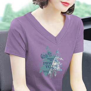 Summer New Women's Cotton Short-sleeved T-shirt for Middle-aged Mothers V-neck Shoulder Base Shirt Thin Casual Top