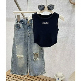 Children's New Summer Suit, Summer Dress, Baby Girl's Fashionable Vest, Girl's Fashionable Ripped Jeans Two-Piece Set