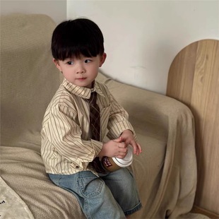 2025 new boys and girls college style vertical striped pocket shirt spring and autumn baby casual shirt tie tide