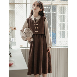 2025 spring new retro literary fake two-piece buckle Polo collar long sleeve corduroy long dress women