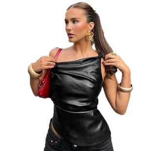2025 Europe and the United States cross-border summer new leather slant shoulder stylish irregular top women's clothing
