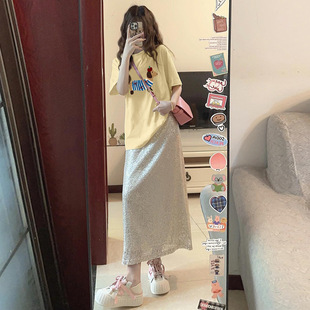 Maternity 2025 Summer New Sweet Cotton Short-sleeved T-shirt Loose Sequin Skirt Pregnant Women Two-piece Suit