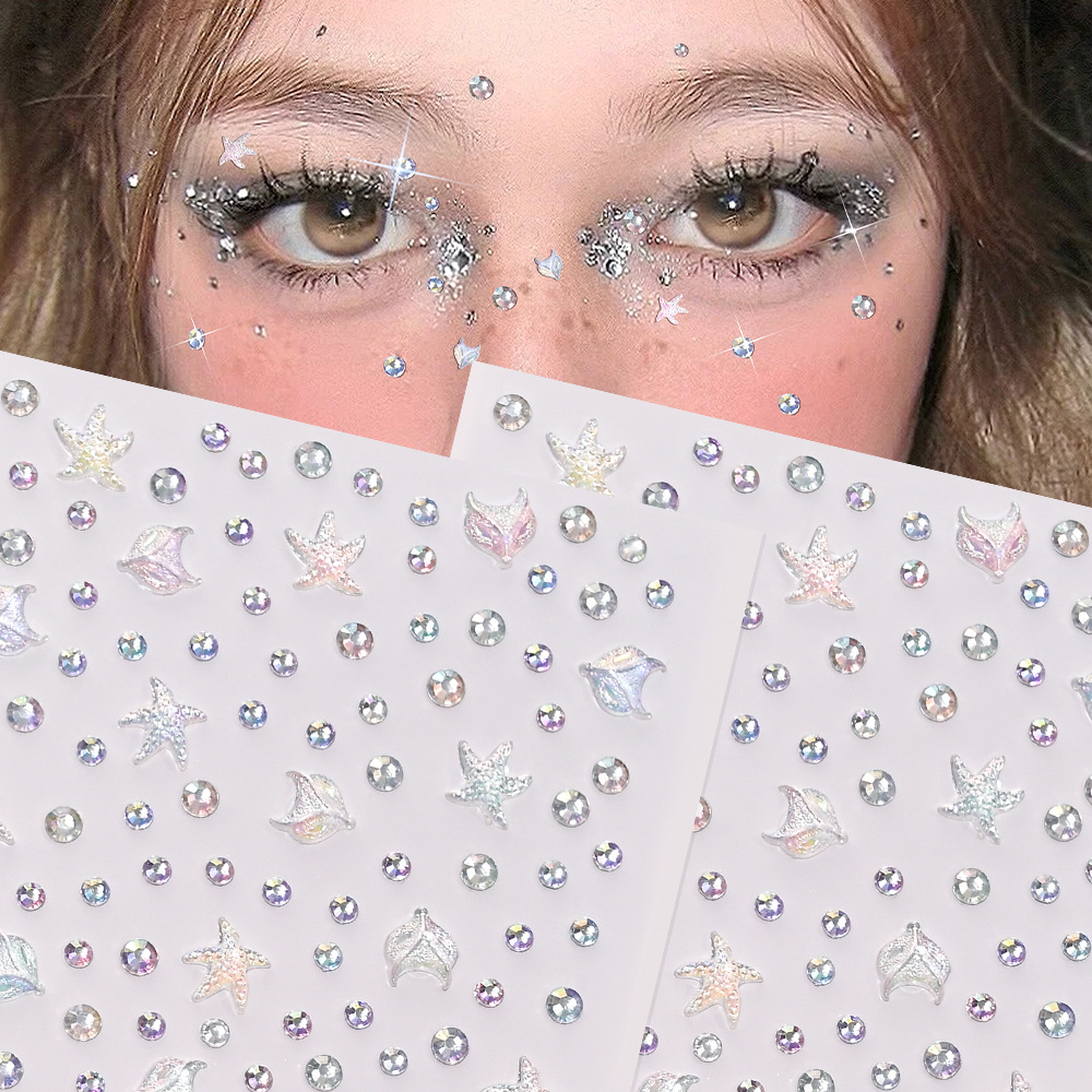 Cross-Border Stereo Heart Starfish Face Decoration Colorful Face Stickers Diamond DIY Star Butterfly Pearl Eye Makeup Stickers