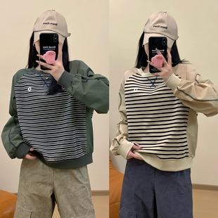 Striped Patchwork Sweat Plain 25 Early Spring New Casual Loose Slim Crewneck Pullover All-match Top for Women