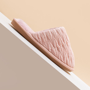 High-grade cotton slippers women's autumn and winter indoor home pleated couples 2024 new warm PU leather factory outlet