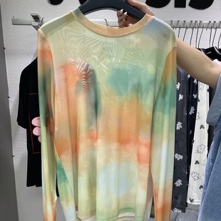 Korean style tie-dyed mesh long-sleeved T-shirt women's summer new round neck loose slimming Western style pullover casual top fashion