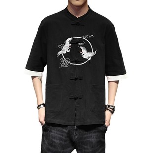 Hanfu Men's Summer Chinese Style T-shirt Retro Style Trendy Brand Ancient Suit Embroidered Youth Thin Zhongshan Suit Short-sleeved Tang Suit