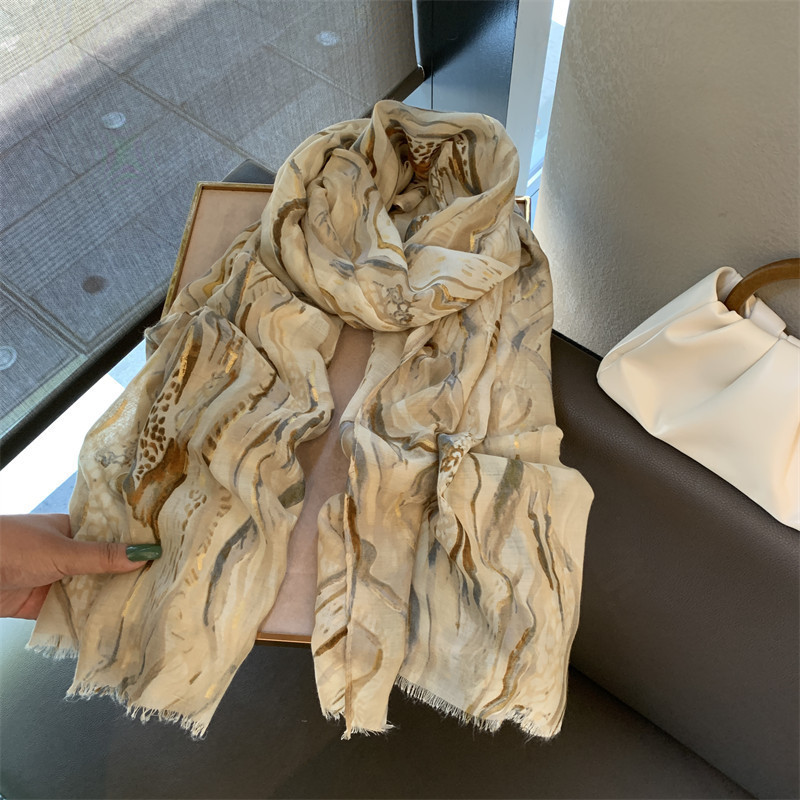 Silk Scarf Women's Summer Korean-style All-match Thin Scarf Cotton and Linen Scarf Blue Feather Tassel Beach Towel Sunscreen Shawl
