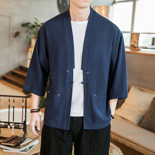 Chinese Style Summer Wear Men's Seven-point Sleeve Cardigan Solid Color Hanfu Shirt Japanese Style Large Size Cotton Linen Retro Fashionable Robe