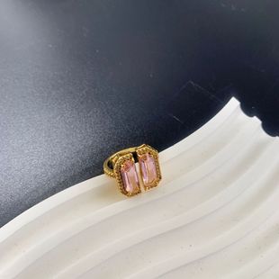 Brass electroplated real gold open ring light luxury temperament full inlaid zircon pink gem niche ring