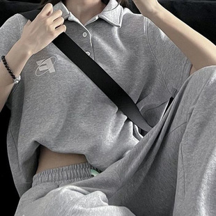 Summer Sports suit Women's All-match Solid Color Small Female College Student Wear Two-piece Set with Collar Embroidered Pants