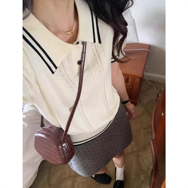0708 Preppy Style Polo Collar Hollow-Out Knit Top for Women, Summer 2026, Niche Style Short-Sleeved Top