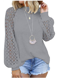 2024 European and American Foreign trade cross-border new Amazon independent station round neck long sleeve lace stitching loose top for women