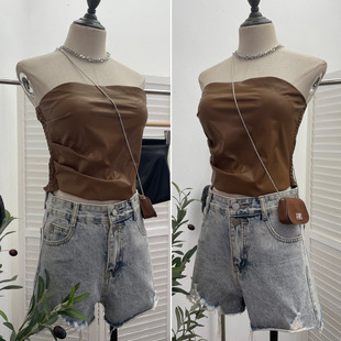 Real Shot pu Leather Strapless Top Women's Autumn and Winter Inner Wear Sexy Hot Girl Short Shoulder Belt Chest Pad Wrap Chest 2675
