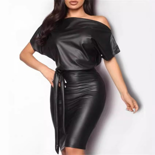 2020 AliExpress Amazon Fashion slim fit oblique collar batwing short sleeve PU Bodycon dress women in stock