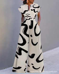 2024 Cross-Border Export New Style 3D Tribal Print Pattern Elegant V Neck Pocket Wide Leg Jumpsuit Jumpsuit