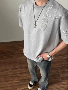 Briar Embroidered Short Sleeve Men's Summer American Style High Street ootd Half Sleeve cleanfit Heavy Shoulder T-Shirt
