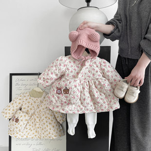 Baby Girl's Winter Quilted dress Korean Style Cotton Coat Western Style Thickened fleece-lined Warm Winter Clothes Princess Floral Skirt