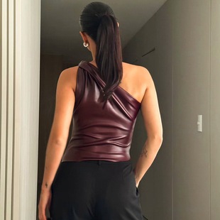 ST303 Cross-border European and American Women's Clothing Amazon New Solid Color Sleeveless Crossbody Neck Slim-fit Sexy Twisted Belt Shoulder Top