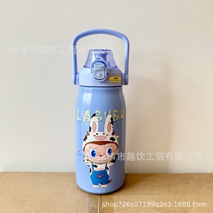 Explosive pull cloth cartoon pattern stainless steel thermos cup bounce cup with straw outdoor sports pot portable pot