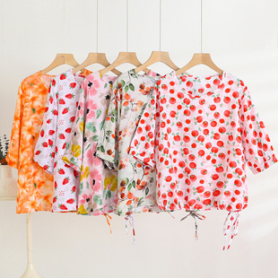 2025 New Summer Loose Casual Cotton Silk Tops Mom Style Waist Drawstring Three-Quarter Sleeve T-Shirt Women Summer New Style