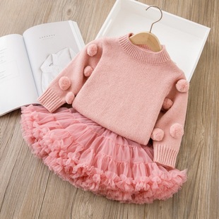 Girls' Sweater Christmas Skirt Children's Wear Crewneck Base fleece-lined Thickened Princess Skirt Two-Piece Set Tutu Skirt Autumn and Winter New