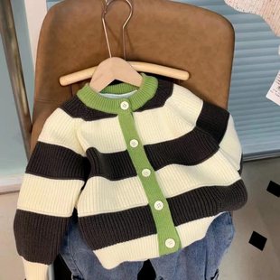 2024 Autumn and Winter New Children's Sweater Coat Cardigan Spring and Autumn Stripe Stylish Fashion Baby Color-matching Autumn Stylish