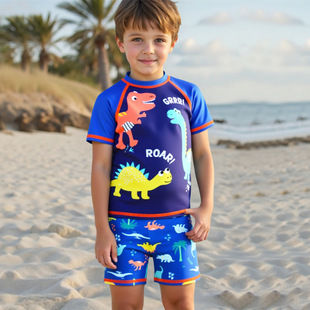 Children's Swimsuit Boys Short-sleeved Split Swimsuit 2025 New Cartoon Dinosaur Shorts Sun-proof Boys Swimsuit Summer