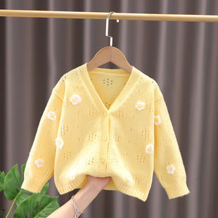 2024 autumn clothing girls' small and medium Children Baby Flower sweater cardigan children's sweater Western style children's clothing spring and autumn coat
