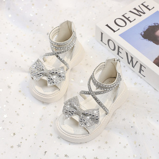 2023 Summer New Girls' Korean Style Soft-soled Princess Shoes Big Children's Rhinestone Little Girl's Roman Shoes Student Sandals