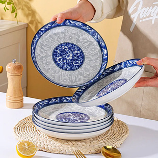 Blue and White Porcelain Ceramic Plate Dish Household Dish 2025 New Style Tableware Rice Plate Porcelain Plate Dishes Household
