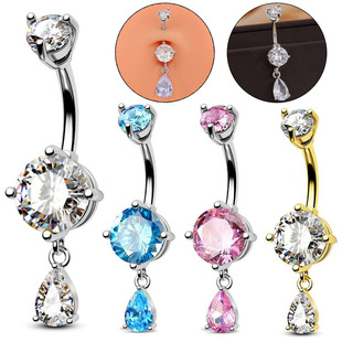 Cross-border e-commerce new copper inlaid zircon round water drop navel ring stainless steel body piercing jewelry manufacturers wholesale