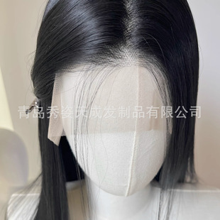 Daily Black Long Straight Large Lace Hand-Crocheted Wig Full Head Cover Front Lace Chemical Fiber High Temperature Silk Wig Foreign Trade Cross-Border Women
