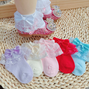 Girls' Combed Cotton Bow Double Lace Lace Socks Children's Autumn and Winter 6-12 Months Thick Baby Socks